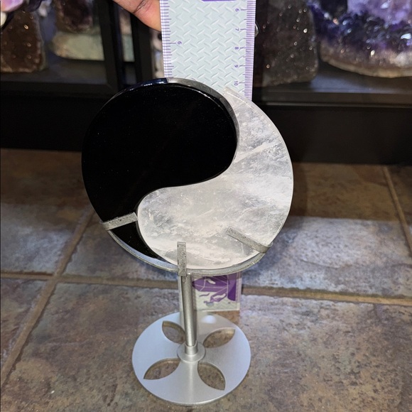 Yin Yang Black Obsidian and Quartz on silver stand - Picture 6 of 7